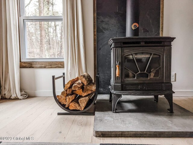 details featuring hardwood / wood-style floors and a wood stove