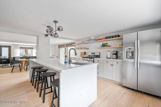 kitchen with decorative backsplash, stainless steel appliances, sink, white cabinets, and an island with sink