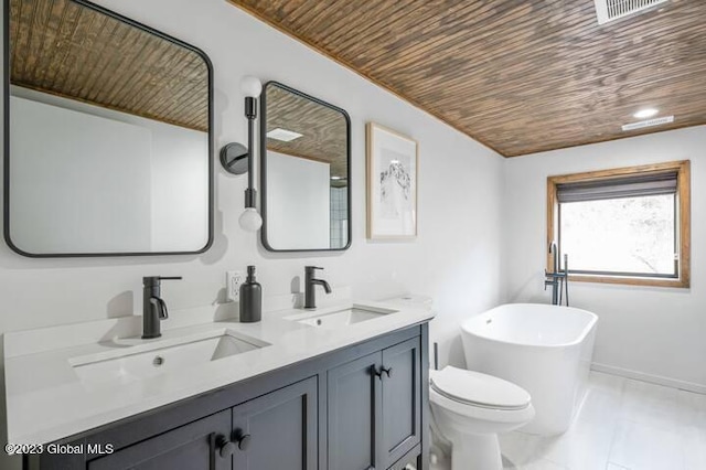 bathroom with vanity, wooden ceiling, tile patterned floors, toilet, and a tub