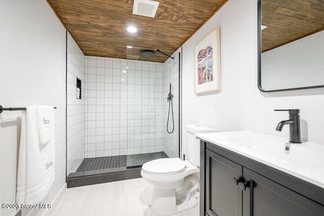 bathroom with tiled shower, vanity, toilet, and wooden ceiling