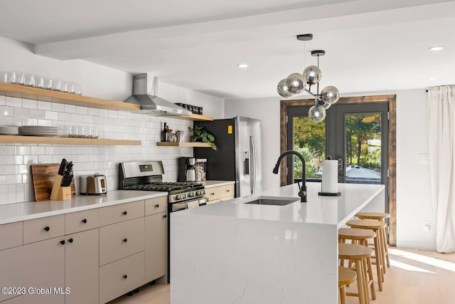 kitchen with a center island with sink, sink, wall chimney exhaust hood, decorative backsplash, and appliances with stainless steel finishes