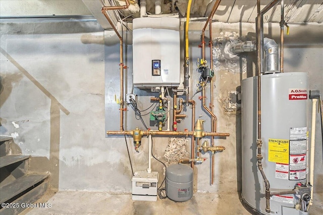 utility room with gas water heater and tankless water heater