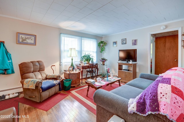 292 N Main St, Northville, NY 12134 - living area with crown molding, a baseboard heating unit, hardwood / wood-style floors, and a baseboard radiator