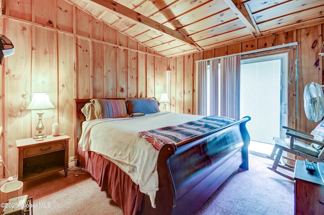 292 N Main St, Northville, NY 12134 - bedroom featuring wooden walls, light carpet, wooden ceiling, and access to outside