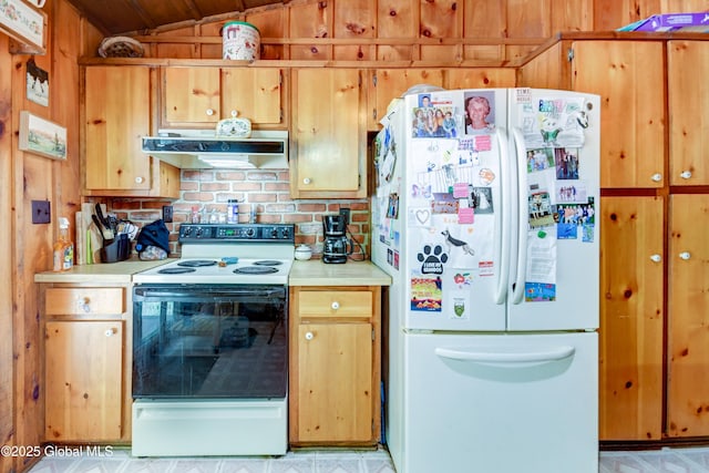 292 N Main St, Northville, NY 12134 - kitchen with white appliances, under cabinet range hood, light countertops, wood walls, and tasteful backsplash