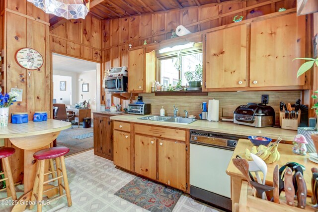 292 N Main St, Northville, NY 12134 - kitchen with dishwasher, a sink, light countertops, stainless steel microwave, and backsplash
