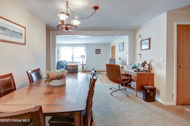 292 N Main St, Northville, NY 12134 - carpeted dining area featuring ornamental molding, a chandelier, and an office area