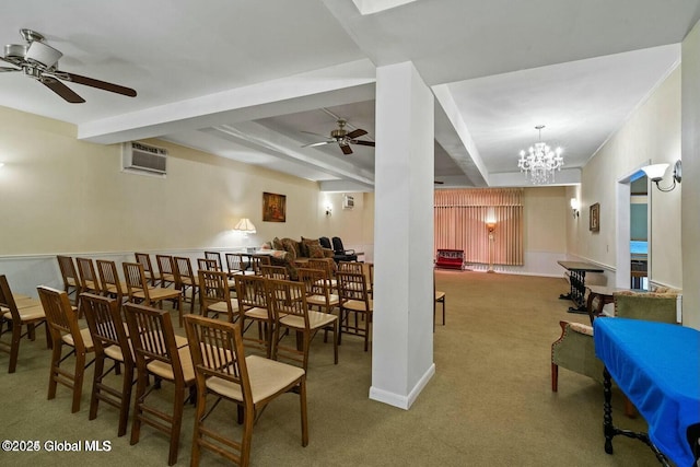 carpeted dining space with beam ceiling, ceiling fan with notable chandelier, a wall unit AC, and pool table