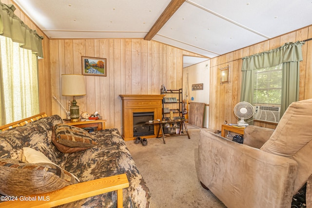 living room with lofted ceiling with beams, light colored carpet, and wood walls