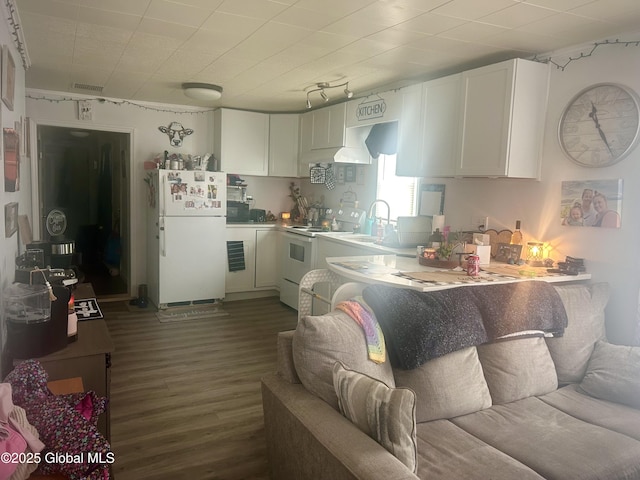 kitchen with white cabinets, white fridge, stove, and dark wood-type flooring