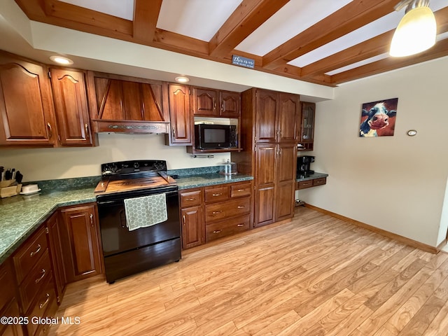 kitchen with beamed ceiling, light wood-type flooring, custom exhaust hood, and black appliances