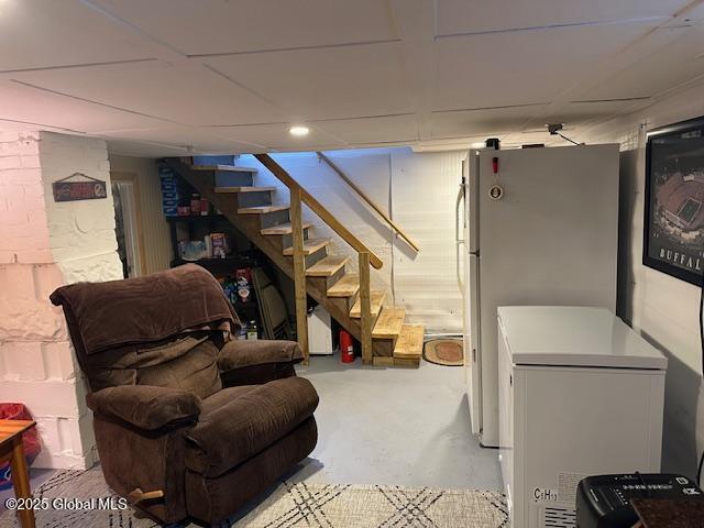 basement featuring white refrigerator and fridge