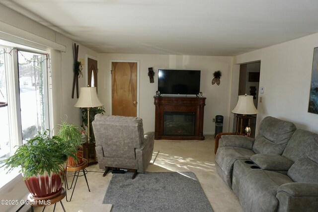 living room featuring light colored carpet