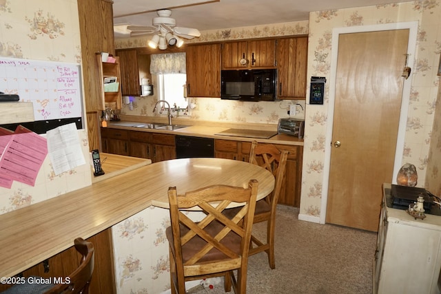 kitchen with sink, ceiling fan, and black appliances