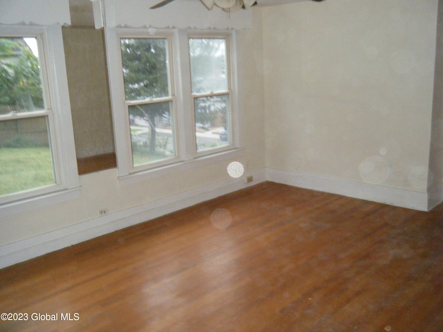 spare room with wood-type flooring and ceiling fan