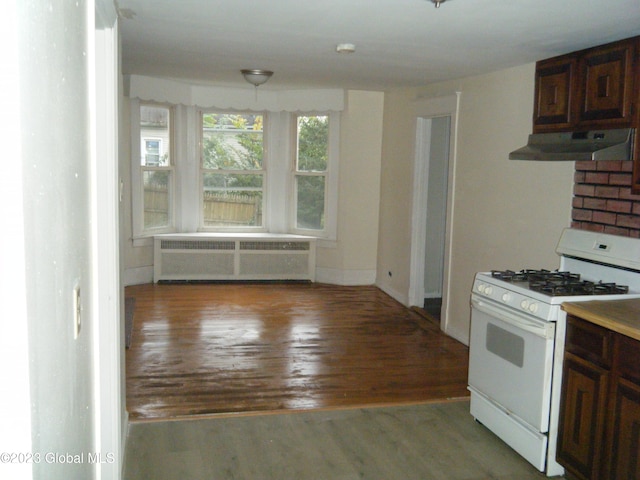 kitchen with dark brown cabinets, light hardwood / wood-style floors, radiator, and gas range gas stove