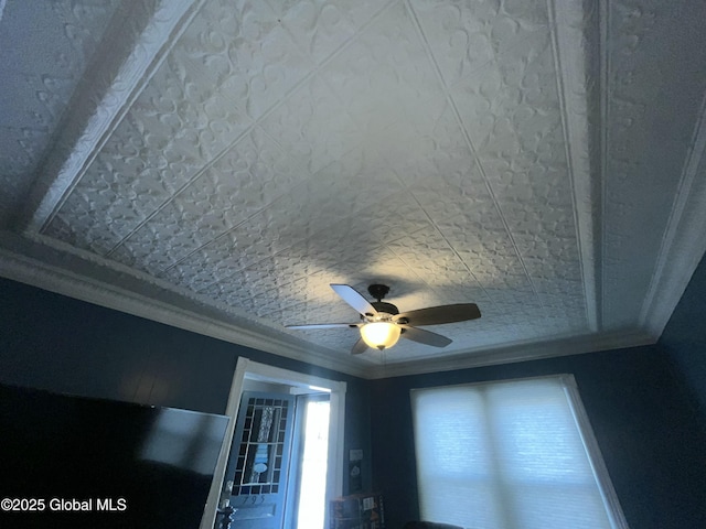 details with crown molding and ceiling fan