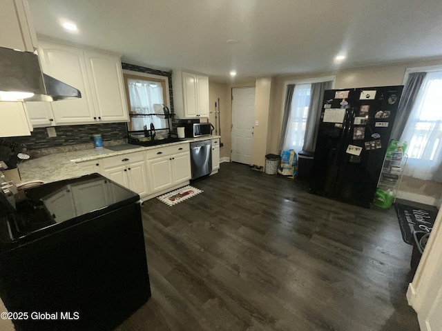 kitchen with white cabinetry, dark hardwood / wood-style flooring, black appliances, and exhaust hood