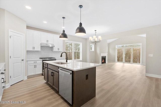 kitchen featuring under cabinet range hood, a sink, white cabinetry, light countertops, and appliances with stainless steel finishes