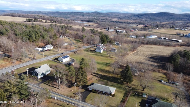 birds eye view of property featuring a mountain view and a rural view