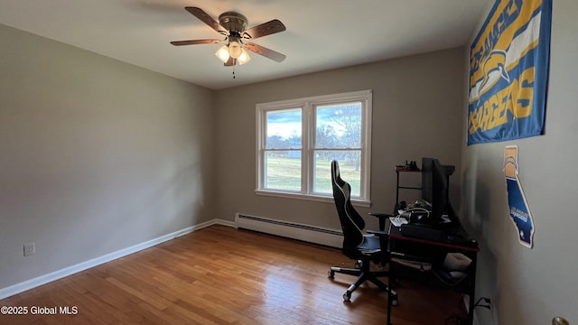 office space with ceiling fan, wood-type flooring, and a baseboard heating unit