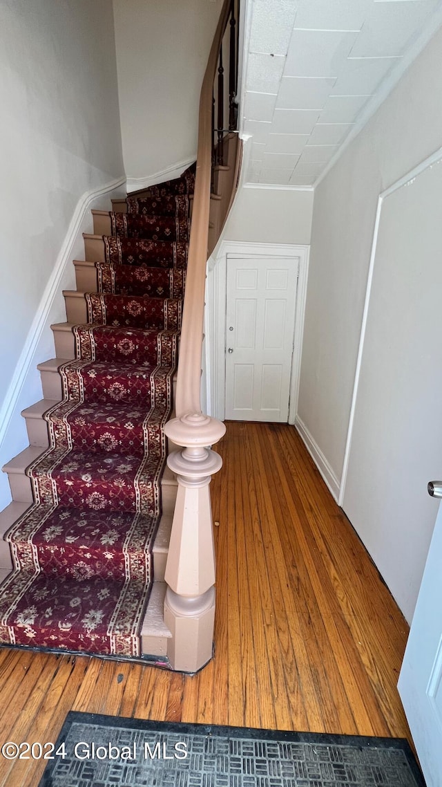 stairway with hardwood / wood-style flooring and ornamental molding