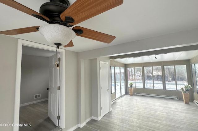 corridor with hardwood / wood-style floors and a baseboard heating unit