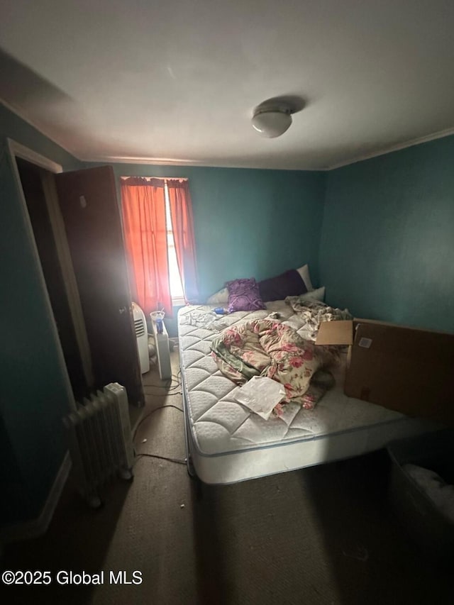 carpeted bedroom with radiator heating unit