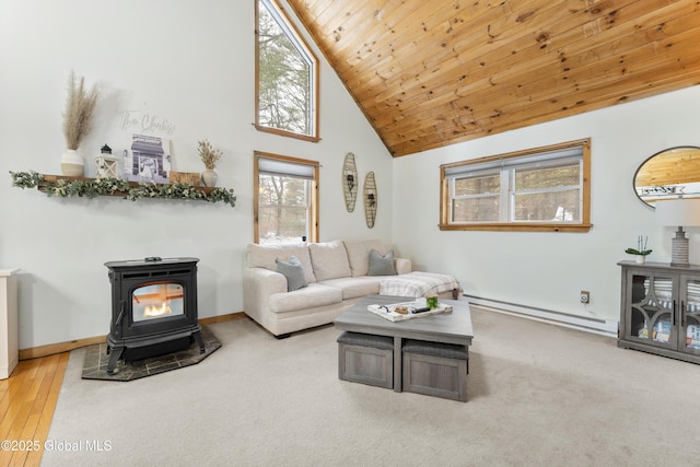 living room featuring wooden ceiling, carpet flooring, a wood stove, high vaulted ceiling, and baseboard heating