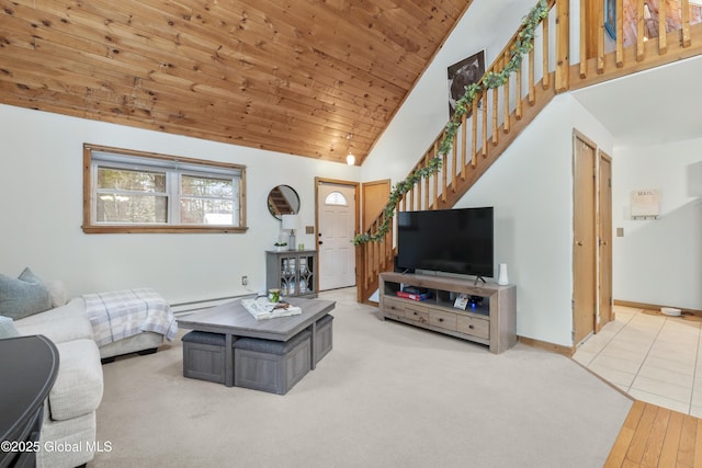 tiled living room featuring vaulted ceiling, a baseboard radiator, and wood ceiling