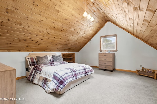 bedroom with wood ceiling, light carpet, and lofted ceiling