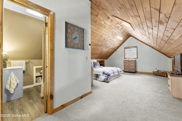 bedroom with lofted ceiling, wooden ceiling, and carpet