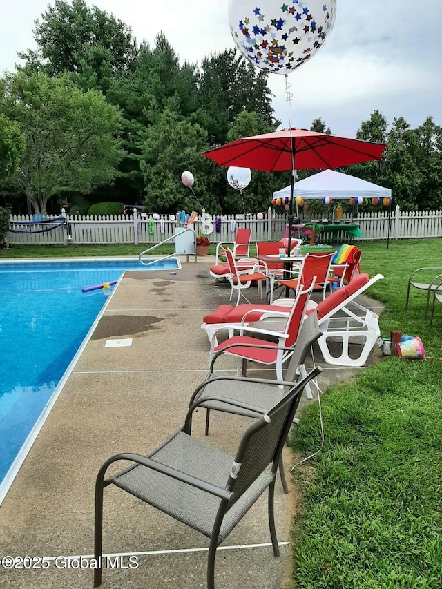 view of pool with a yard and a patio area