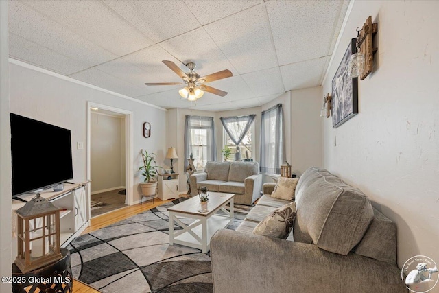 living room with ceiling fan, light hardwood / wood-style flooring, crown molding, and a drop ceiling