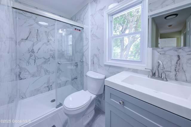 801 Holland Rd, Schenectady, NY 12303 - bathroom featuring vanity, healthy amount of natural light, a marble finish shower, and tile walls