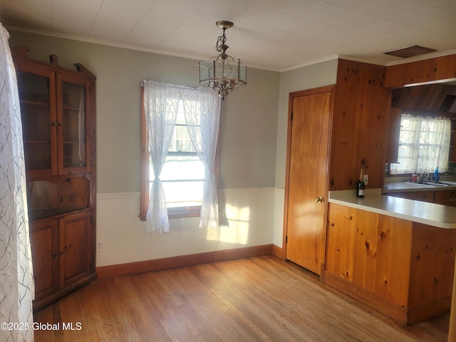 kitchen with light hardwood / wood-style floors, sink, a healthy amount of sunlight, and hanging light fixtures