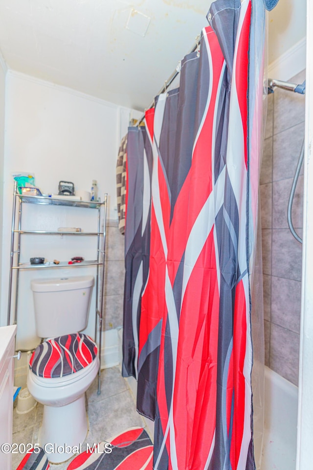 bathroom featuring vanity, a shower with shower curtain, and toilet