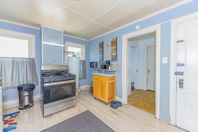 kitchen with stainless steel gas stove, light wood-type flooring, and fridge