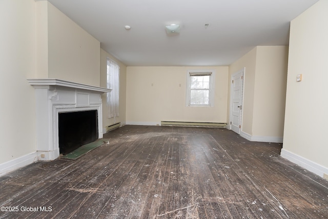 unfurnished living room with dark hardwood / wood-style flooring and a baseboard radiator