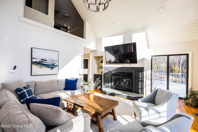 living room with high vaulted ceiling, wood ceiling, and light wood-type flooring