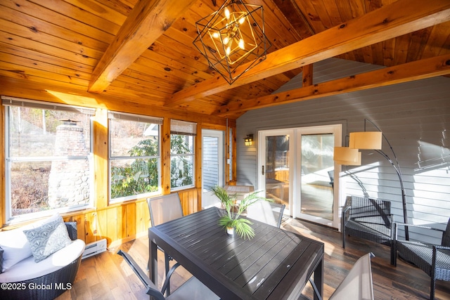 sunroom featuring wooden ceiling, baseboard heating, a wealth of natural light, and a chandelier