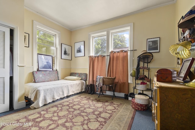 bedroom with crown molding and multiple windows