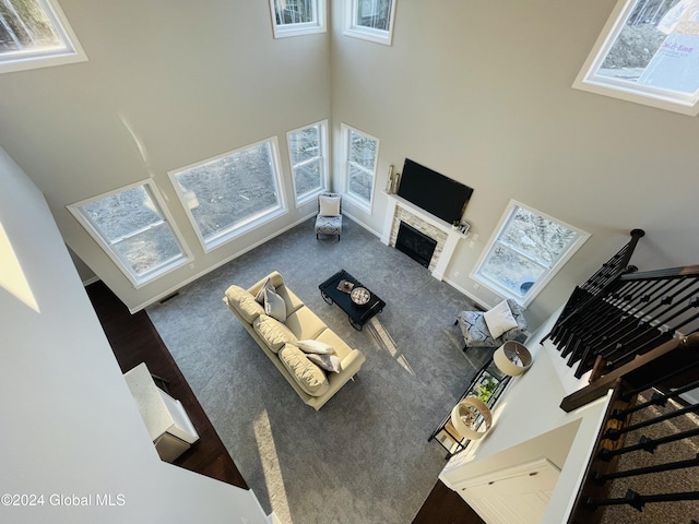 living room with a fireplace, a high ceiling, and carpet