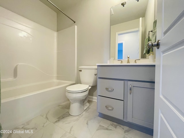 full bathroom with toilet, vanity, and shower / bathing tub combination