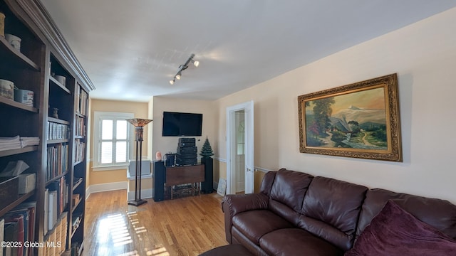 living area with rail lighting, light wood-style flooring, and baseboards