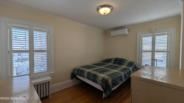 bedroom with multiple windows, radiator heating unit, a wall mounted air conditioner, dark wood finished floors, and crown molding