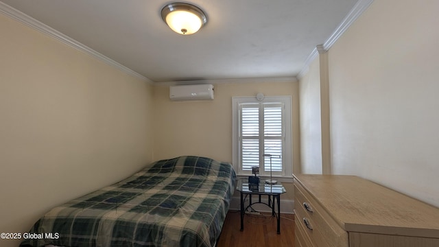 bedroom with ornamental molding, wood finished floors, and a wall mounted AC