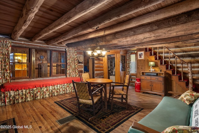 dining area featuring beamed ceiling, wood-type flooring, wooden ceiling, and a notable chandelier