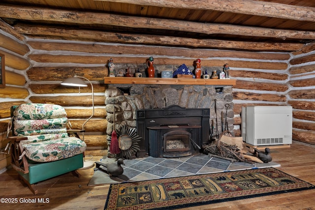 room details with wood-type flooring and rustic walls