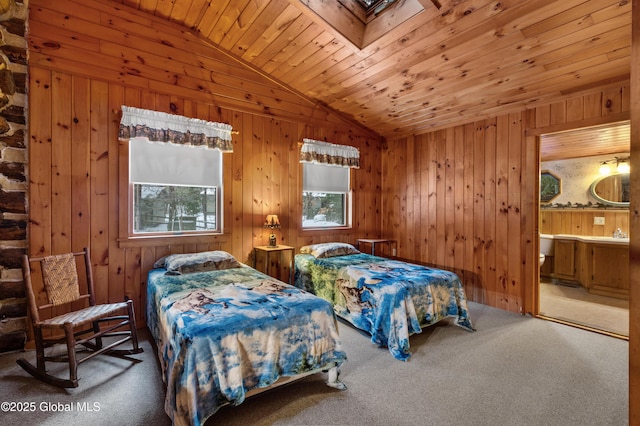 bedroom with carpet flooring, wooden ceiling, and lofted ceiling